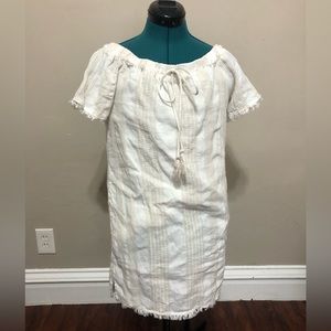 🧺Greylin Anthropologie Linen/Cotton White + Cream Off The Shoulder Dress, S